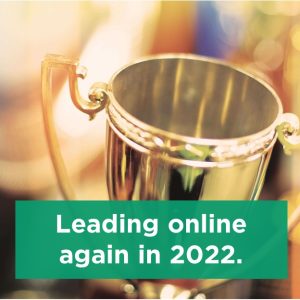 Trophy with text reading "Leading online again in 2022"