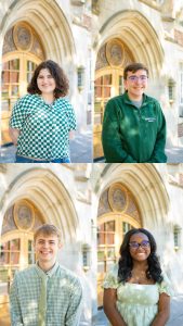 Collage of debaters pictured in front of wooden door